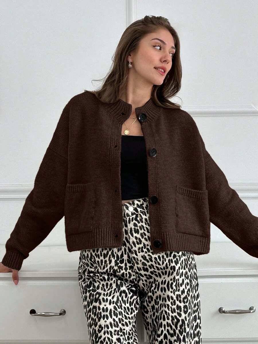 Damen weiche, warme und gemütliche Rundhalskardigan mit Knopfverschluss, 2 Taschen, Drop-Shoulder, ideal für kühle Tage