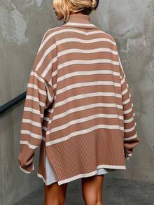 EURMUSE Striped Pattern Turtleneck Drop Shoulder Sweater - Camel - View 2