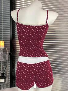 INAWLY 2pcs Women Polka Dot Lace Trim Camisole Top And Mini Shorts Set - Red - View 2