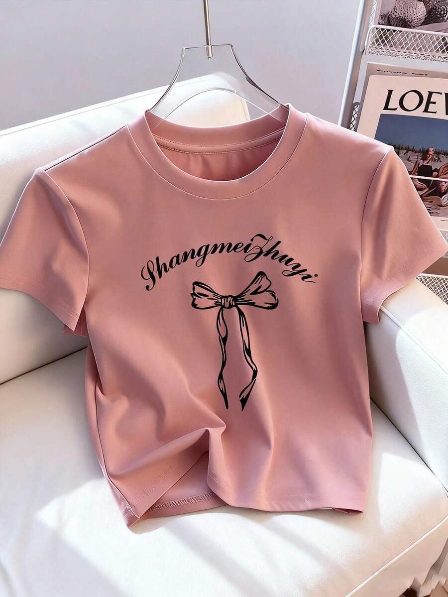 Resyla Y2K可爱蝴蝶结露脐圆领短袖T恤 - 粉色 - 查看 1