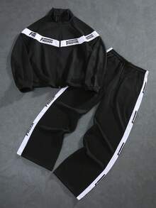 PAVTROS بدلة رجالية مكونة من جاكيت وبنطلون مع تصميم لوني متباين ومطبوع عليه حرف، ملابس خريفية