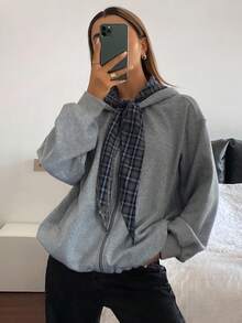 Livesso 2 Stück/Set Damen Karomuster Sweatshirt mit Kapuze & Schal, locker geschnitten Business Lässig Büromode, warm für Herbst/Winter