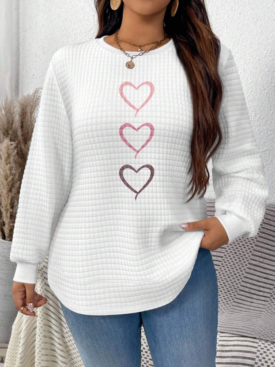 EMERY ROSE Ombre Pink Heart Graphic Casual Minimalist Plus Size Waffle Sweatshirt, Suitable For Fall/Winter - Multicolor - View 1