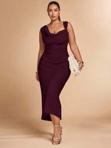 SHEIN BAE Plus Size Women Khaki Asymmetric Metal Dress - Maroon - View 3