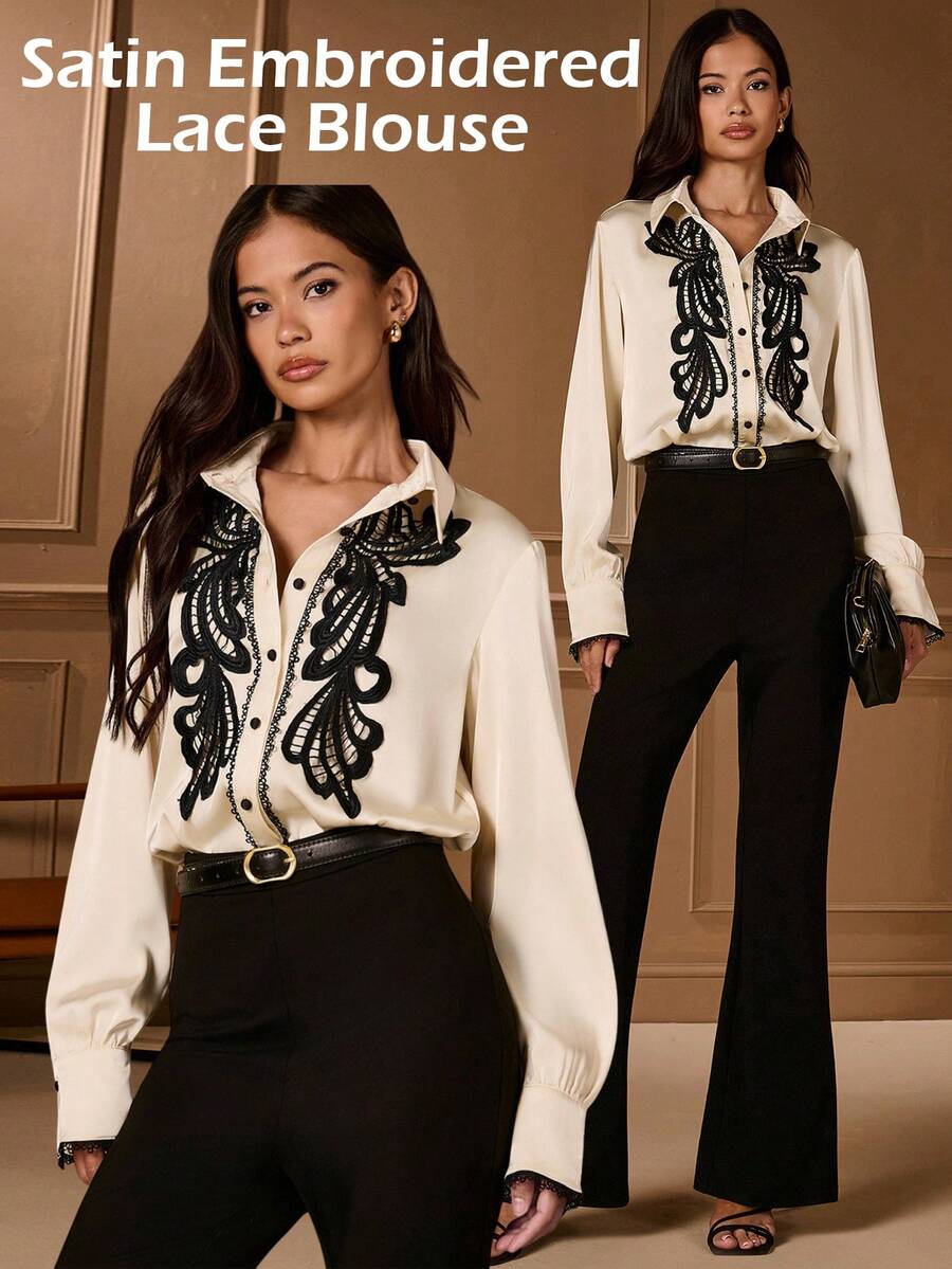 Lilora 女士经典纯色缎面撞色花卉装饰领扣长袖衬衫，优雅秋冬装 - 杏色 - 查看 1