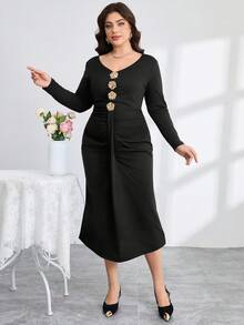 Modelyn 大码女式金属感3D花卉装饰V领长袖褶饰紧身鱼尾下摆优雅连衣裙 - 黑色 - 查看 5