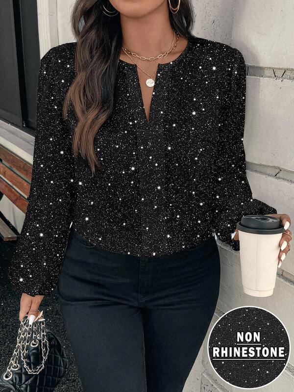 EMERY ROSE Elegant Vintage Polka Dot Print Plus Size Women Shirt, Suitable For Autumn/Winter, Autumn Women Blouse Black Blouses For Women Black Sparkly Top