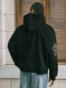 AXEPEAK Men's Autumn/Winter Rhinestone Cross Pattern Loose Fit Casual Hoodie Sweatshirt - Black - View 2