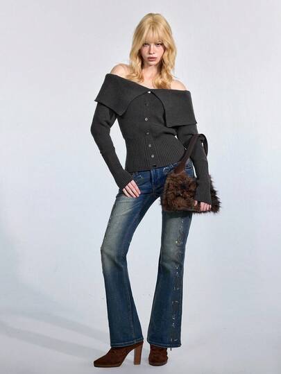 J-Fashion Femmes Couleur Unie Épaule Dénudée Manches Longues Bouton Design Mode Pull, Automne/Hiver