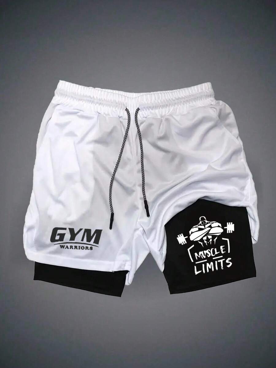 Manfinity Sport Corelite Men's Letter Print Drawstring Waist Sport Shorts Breathable Quick Dry Sweat-Wicking Pattern Design Baggy For Trail Running Training 2 In 1 Performance Shorts