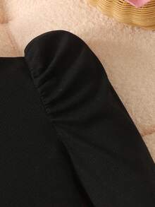 SHEIN Tween Girl Knit Solid Stand Collar Gigot Sleeve Top And Woven Plaid Skirt 2 Pieces Set - Black - View 4