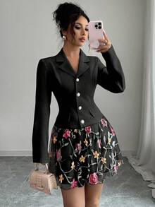 GlowEve Đầm cổ sơ mi thêu hoa thanh lịch cỡ chuẩn dành cho nữ - màu đen - Xem 3