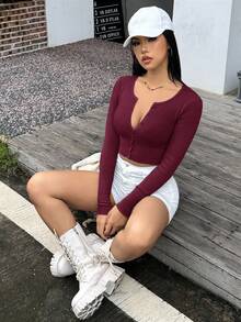 SHEIN EZwear 秋冬时尚休闲酒红色长袖纽扣开衫，适合日常穿着 - 酒紅色 - 查看 3