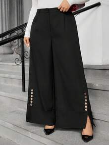 Easura Plus Size Woven Fabric Elegant Office Wear Front Pleated Slant Pocket Slit Hem Metal Button Decor Wide Leg Pants For Women - Black - View 5