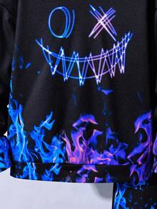 SHEIN 2 件儿童/青少年男童休闲日常百搭舒适印花连帽卫衣和宽松慢跑裤套装