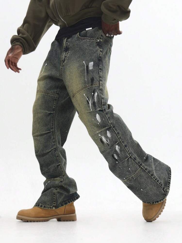 Paint Splattered Wide Leg Carpenter Jeans With Distressed Details