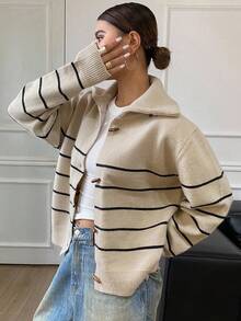DAZY Contrast Color Striped High Neck Long Sleeve Loose Cardigan With Horn Buttons For Women,Fall Women Clothes - Apricot - View 4