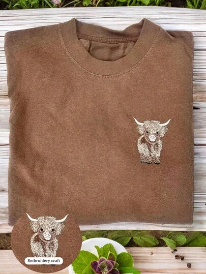 INAWLY Women's Casual Loose Fit Round Neck Short Sleeve T-Shirt With Highland Cow Embroidery