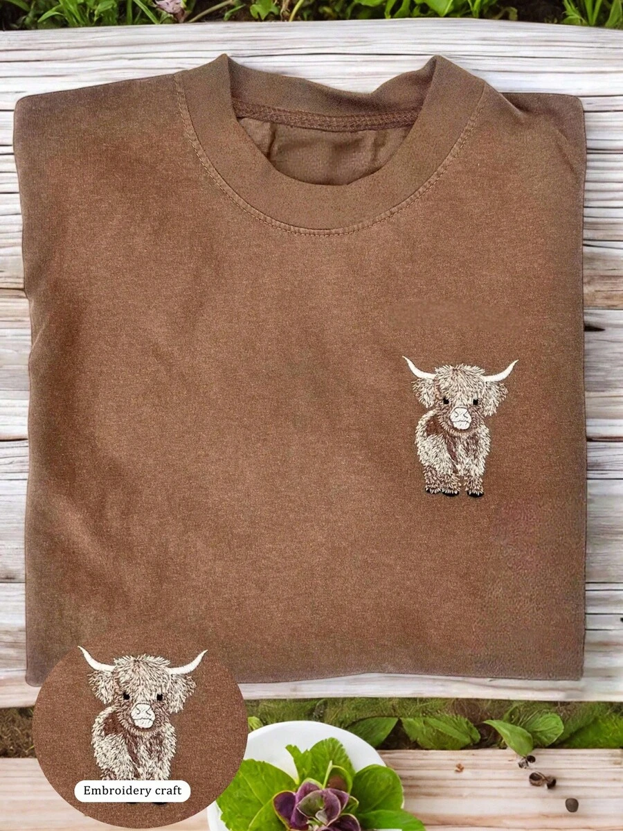 INAWLY 女式休闲宽松圆领短袖T恤，高地牛刺绣 - 棕色 - 查看 1