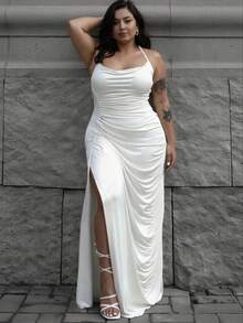 INAWLY Plus Size Sexy Plunging Neckline High Slit Backless Halter Maxi Dress - White - View 1