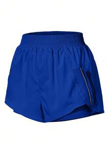 Eassivo Eassivo Quần short lưng thun có khóa kéo thoải mái cho nữ - Xanh đậm - Xem 3