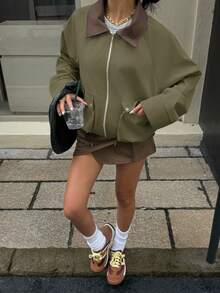 Muchica Khaki Oversized Pocket Turndown Collar Short Jacket, Autumn New Arrival - Army Green - View 4