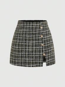 Sweetra 大码优雅粗花呢 A 字开衩裙 - 黑與白 - 查看 1