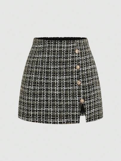 Sweetra 大码优雅粗花呢 A 字开衩裙