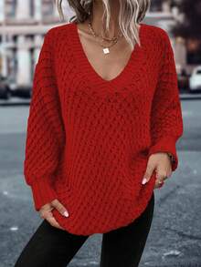 EMERY ROSE Casual Loose Solid Color Long Sleeve Pullover Sweaters For Women - Red - View 5
