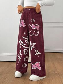 Sparklyn Tween Girls Elastic Waist Loose Printed Wide Leg Pants, Suitable For Street & Everyday Wear, Spring/Autumn - Pink - View 4