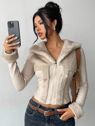 Aloruh 女式秋冬夹克，仿皮草领，拼接设计，复古 Y2K 时尚外套