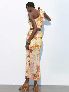 Maija Conjunto de 2 piezas de verano para mujer, top corto de tirantes con estampado floral y falda ajustada de tela de malla estampada con cintura elástica, elegante, de moda, cómodo y sexy - Naranja - Ver 2