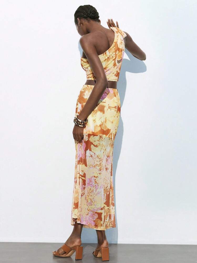 SHEIN Maija Women's Orange Summer Outfit, Floral Print Spaghetti Strap Cropped Tank Top And Elastic Waist Printed Mesh Fabric Fitted Skirt, Elegant, Fashionable, Comfortable And Sexy 2-Piece Set