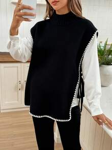 SHEIN 女式休闲撞色边侧开衩针织背心，秋冬 - 黑色 - 查看 5