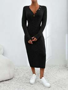 EURMUSE V-ringning med knappar Midi tröjklänning Casual Elegant Enkel - Svart - Visa 6