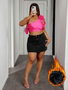 Slaydiva Plus Size Casual Washed Denim Skirt With Bow Decor - Black - View 8