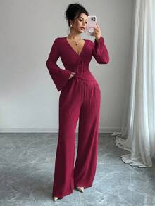 Elenzga 秋季新款法式复古针织纹理弹力休闲日常V领抽绳百褶修身喇叭长袖T恤+直筒阔腿裤两件套女 - 酒紅色 - 查看 8