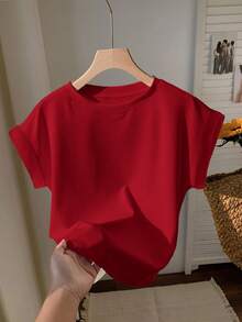 SHEIN EZwear 2pcs Black & Red Round Neck Short Sleeve T-Shirt, Suitable For Summer,Red Top