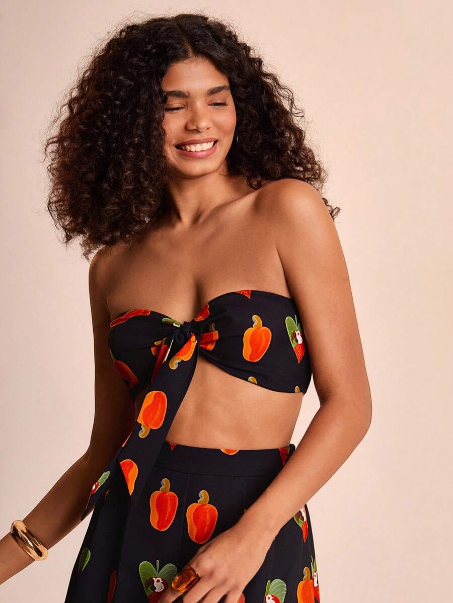 CAJUNI Blusa de manga corta con estampado tropical de loro y fruta de cajú, estilo casual de playa y bohemio, para vacaciones - Multicolor - Ver 1