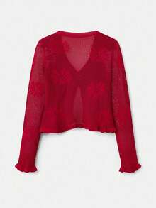 lacRébo Jacquard Mesh Cardigan With Crochet Flower Detail Spring Women Spring Spring Women Spring Summer Going Out Skirt New Year French Style Parisian Style - Red - View 8