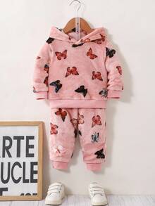 SHEIN Playful Pals 女婴秋季新款抓绒连帽卫衣+抽绳休闲裤套装，2件套，可爱蝴蝶结印花，适合居家、通勤、上学等场合。 - 彩色 - 查看 4