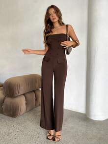 Aloruh Women's Minimalist Coffee Color Jumpsuit Pants For Commuting - Coffee Brown - View 4