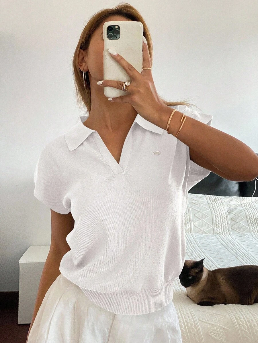 Livesso Suéter de punto de cuello polo ajustado de unicolor para mujer, informal para ir al trabajo en primavera/verano - Blanco - Ver 1