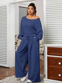 SHEIN EZwear 大码女式纯色不对称领口落肩长袖运动衫和阔腿裤休闲两件套，秋季 - 藏蓝色 - 查看 5