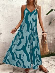 SHEIN Tall Váy suông dáng chữ A in hoa dành cho nữ, phù hợp mặc đi nghỉ và mặc hàng ngày - Màu xanh ngọc - Xem 3