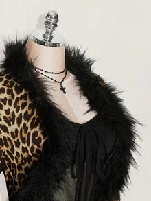 SHEIN ICON 大码女式豹纹 Y2k 毛绒装饰系带短款夹克秋冬女装 - 彩色 - 查看 9