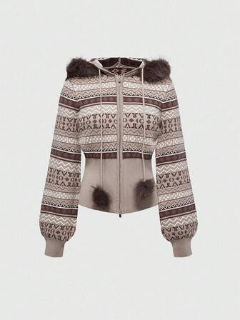 ROMWE Avant Cárdigan de punto con capucha, ajustado y corto, con flecos en el bajo y estampado Fair Isle vintage Y2K para mujer