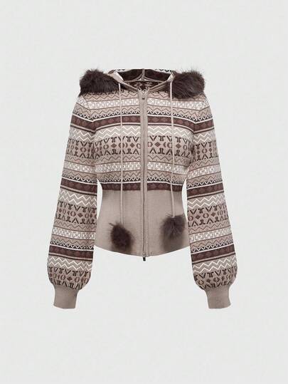 ROMWE Avant Cárdigan de punto con capucha, ajustado y corto, con flecos en el bajo y estampado Fair Isle vintage Y2K para mujer