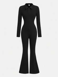 SHEIN 青少年女孩紧身衣和连衣裤，秋冬季休闲简约纯色天鹅绒修身连衣裤，喇叭裤，开学季