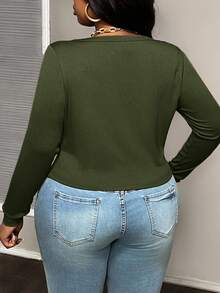 Slaydiva 大码女式基本款休闲秋冬圆领长袖紧身针织罗纹棕色上衣T恤 - 軍綠色 - 查看 2